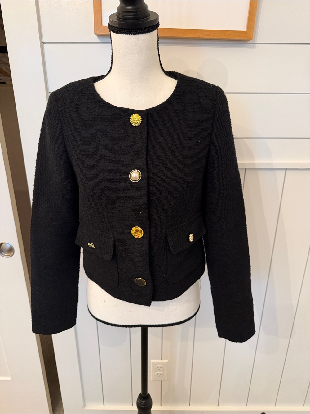 Express Black Women's Textured Cropped Jacket with Decorative Buttons